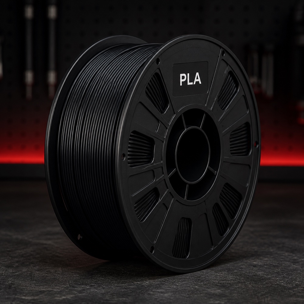 Representative black PLA filament spool